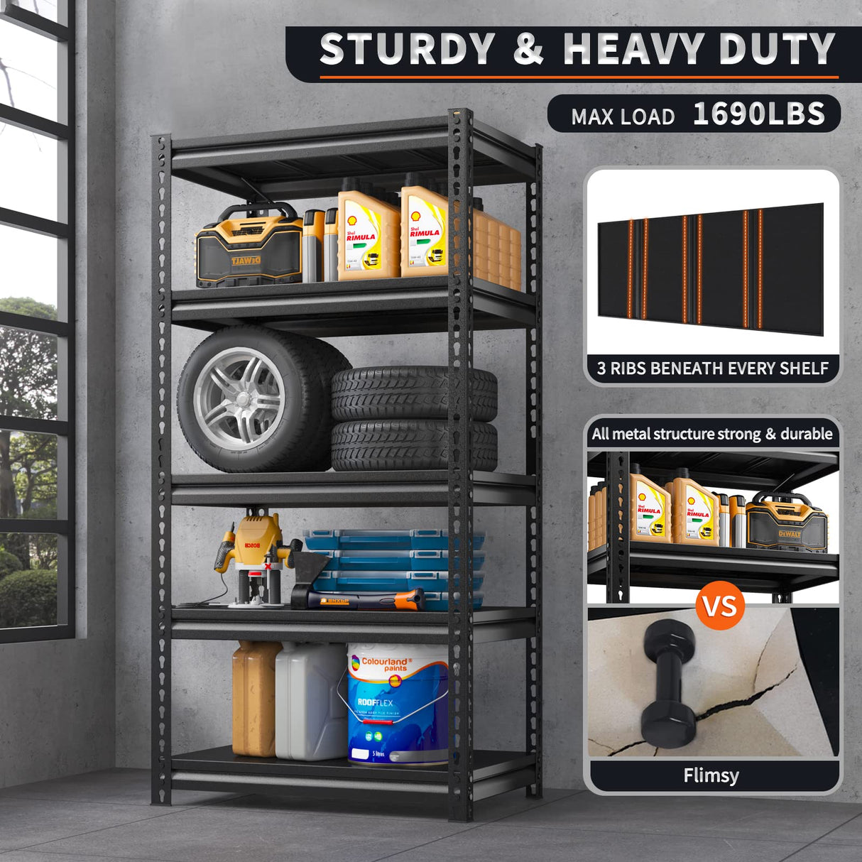 REIBII Garage Shelving Heavy Duty Storage Shelves Loads 1690 LBS, Adjustable Metal Shelving Units and Storage Metal Shelves for Storage Rack Shelf REIBII