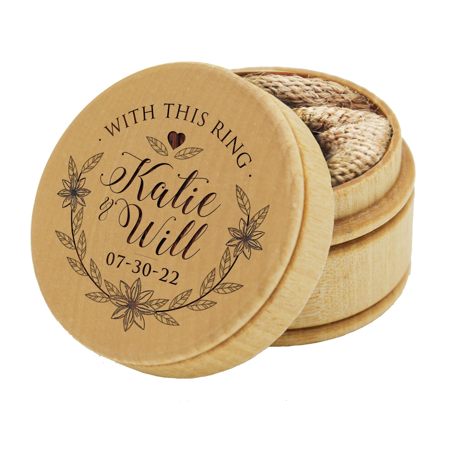 The Wedding Party Store, Custom Engraved Ring Box Holder - Personalized Rustic Round Wood Ring Bearer Wedding Box The Wedding Party Store