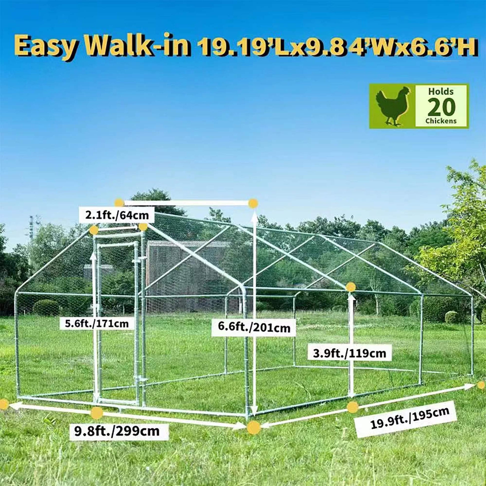 Large Chicken Coop Walk in Metal Runs with Cover Outdoor Pet Pens Poultry Cage Duck Rabbit House Backyard Use 1'Tube(19.2'Lx9.84'Wx6.6'H) - WoodArtSupply