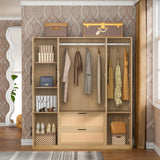UEV Brown 6 Doors Rattan Armoire Wardrobe Closet,63" Large Armoire Storage Cabinet with 2 Drawers Side Shelves,Wooden Wardrobe Closet with 2 Hanging UEV