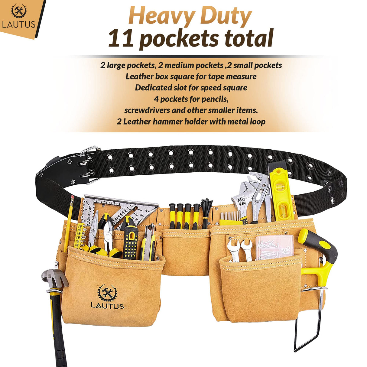 LAUTUS Suede Tool Belt/Pouch/Bag/Work Apron | Carpenter, Construction, Framers, Electrician |11 Pockets | Adjustable Double Pronged Belt | 2 Hammer LAUTUS