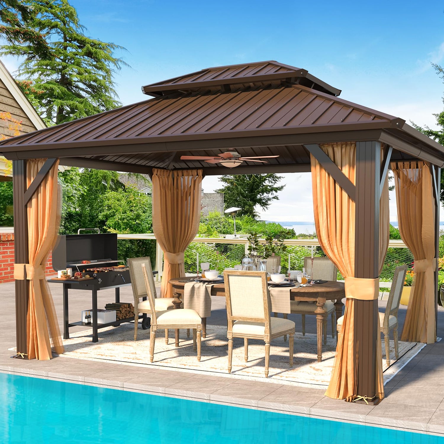 YOLENY 10' x 12' Hardtop Gazebo, Metal Gazebo with Aluminum Frame, Double Galvanized Steel Roof, Curtains and Netting Included, Pergolas for Patios, YOLENY