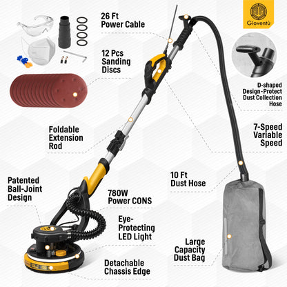 Electric Drywall Sander with Vacuum, 6.5-amp, Auto Dust Absorption, 7 Variable Speed 900-1800RPM, Dustless Floor Sander with 26’ Power Cord for