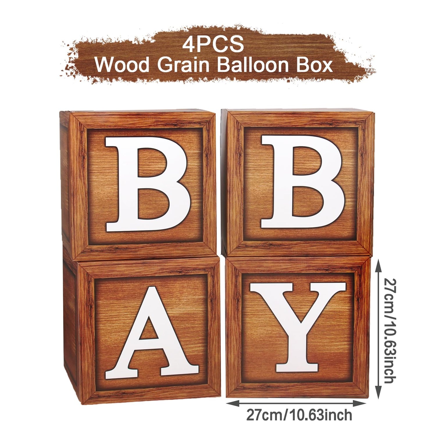 Baby Shower Boxes for Birthday Party Decorations - 4 Wood Grain Brown Blocks with BABY Letter, Printed Letters,First Birthday Centerpiece Decor, Frigg