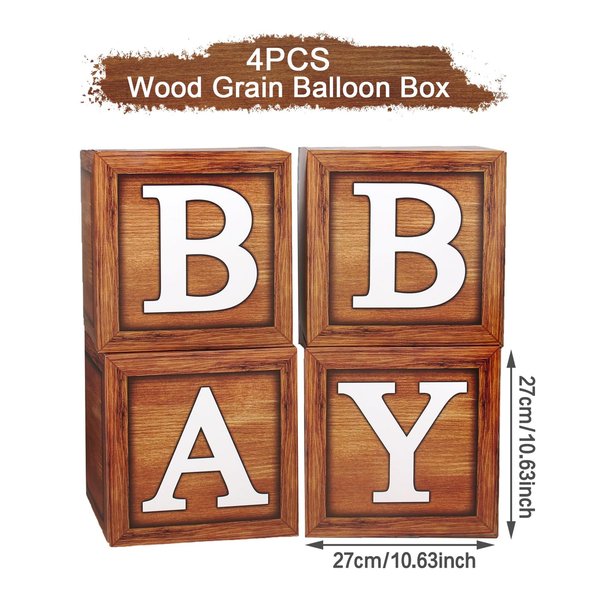 Baby Shower Boxes for Birthday Party Decorations - 4 Wood Grain Brown Blocks with BABY Letter, Printed Letters,First Birthday Centerpiece Decor, Frigg