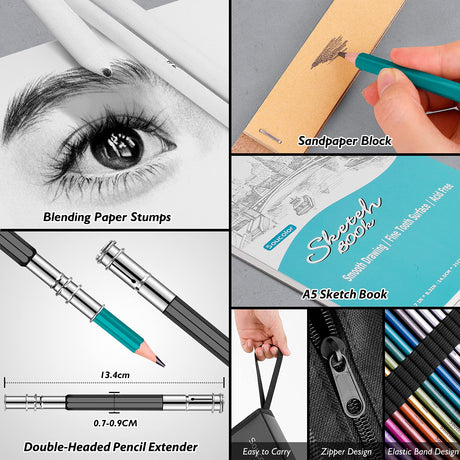 Soucolor 73 Art Supplies for Adults Kids, Art Kit Drawing Supplies Sketching Pencils Coloring Set with Sketchbook, Coloring Book, Charcoal Metallic Soucolor