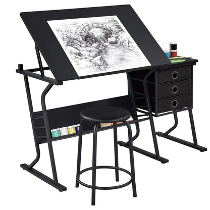 Topeakmart Height Adjustable Drafting Table Art Craft Desk Work Station Hobby Design Studio Tiltable Tabletop Drawing Desk with Stool & Storage