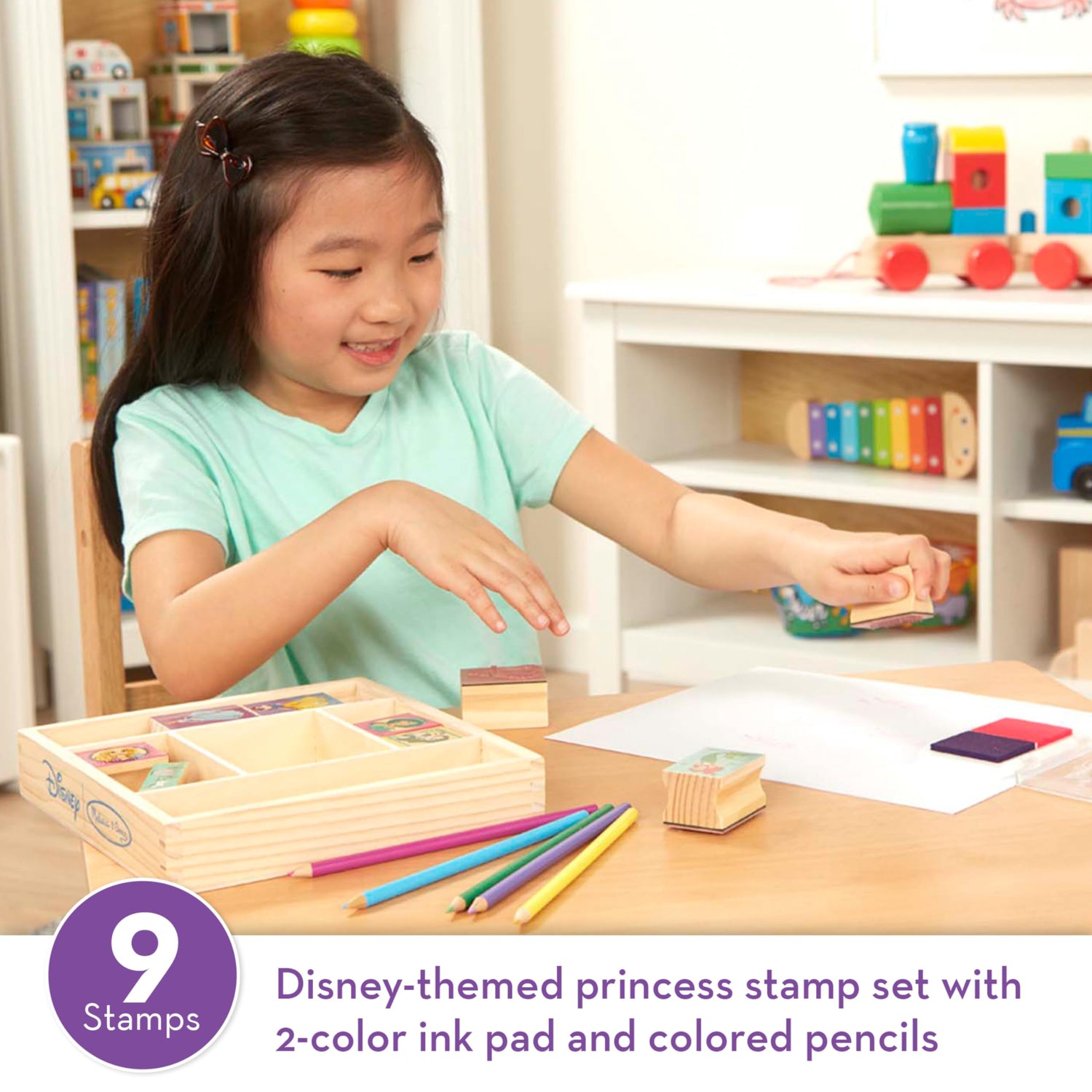 Melissa & Doug Disney Princess Wooden Stamp Set: 9 Stamps, 5 Colored Pencils, and 2-Color Stamp Pad With Washable Ink For Kids Ages 4+ Melissa & Doug