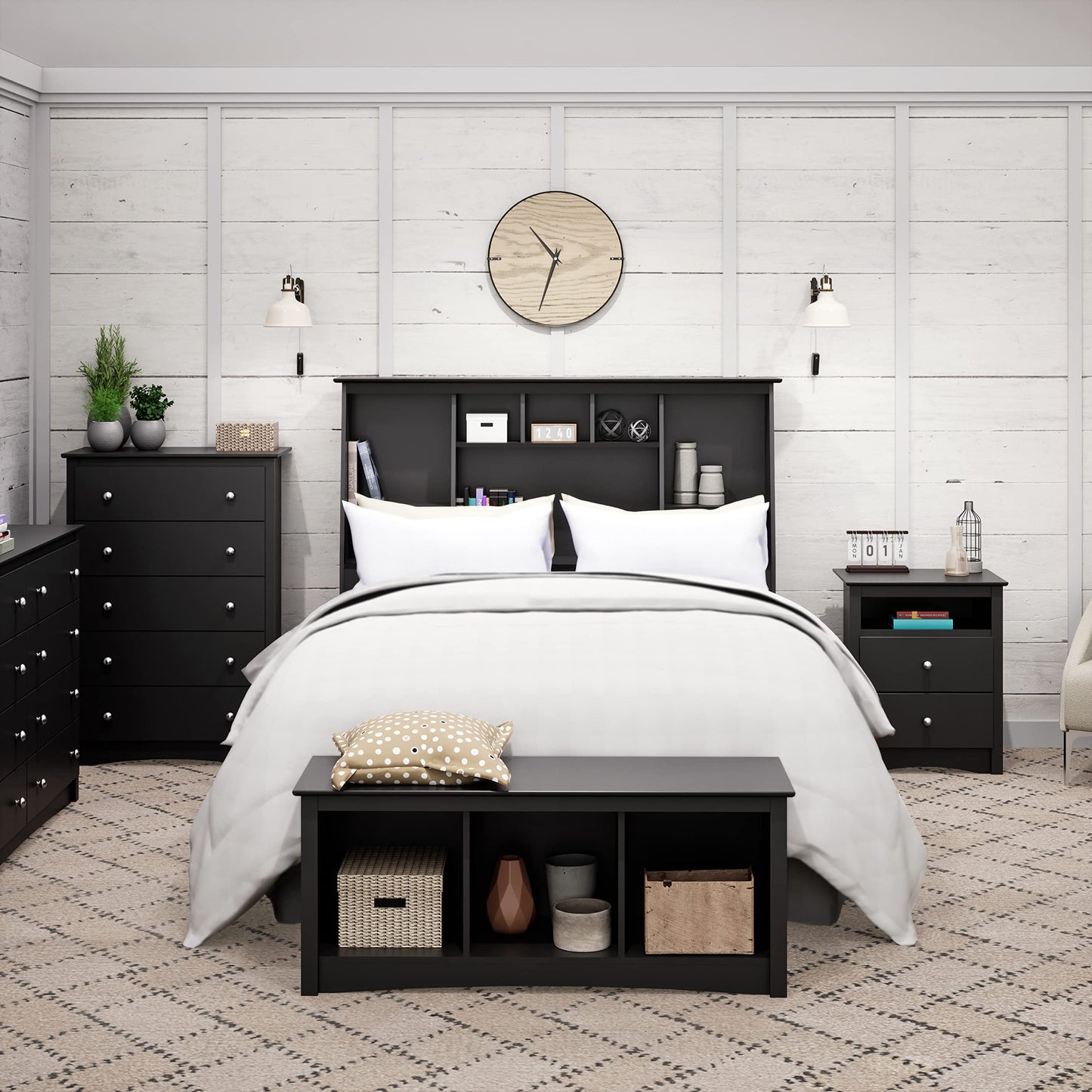 Prepac Sonoma Traditional Full/Queen Headboard with Slant-Back Bookcase, Functional Tall Bookcase Headboard 10.25" D x 65.75" W x 55.75" H, Black, - WoodArtSupply