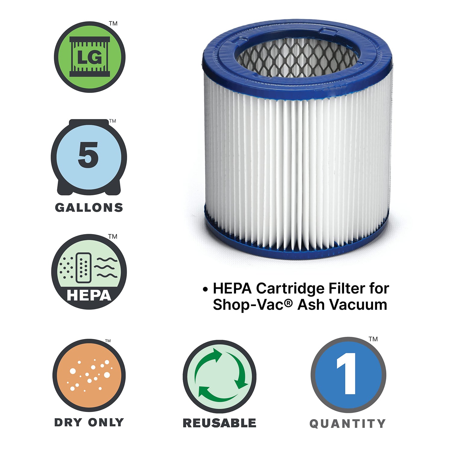 Shop-Vac 9032933 Ash Vacuum CleanStream HEPA Cartridge Filter, Stops Ultra Fine Dust, (1 Pack) Shop-Vac