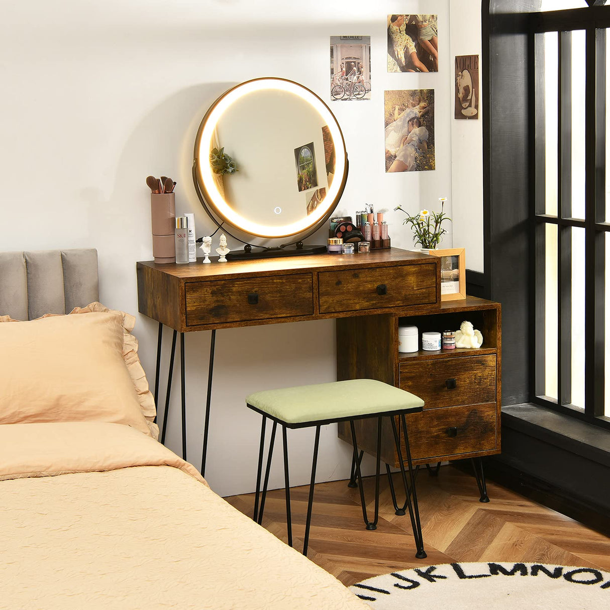 CHARMAID Vanity Set with 3 Colors Lighted Mirror, Left or Right Side Cabinet, 2 Large Drawers, Lipstick Storage Box, Bedroom Makeup Vanity Dressing CHARMAID