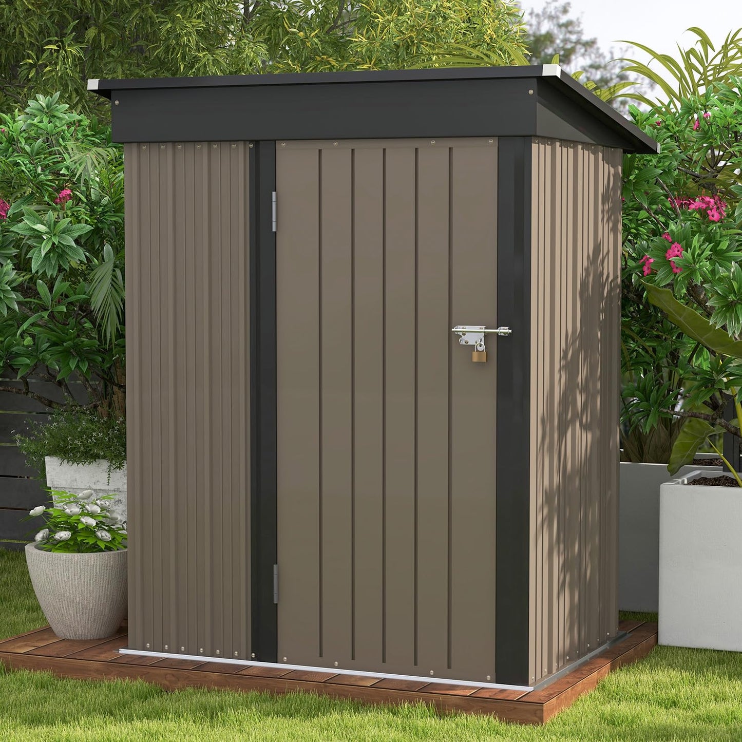 Patiowell 5x3 FT Outdoor Storage Shed, Tool Shed with Sloping Roof and Lockable Door, Metal Shed for Backyard Garden Patio Lawn, Brown