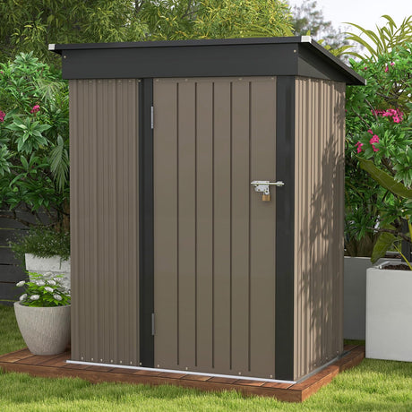 Patiowell 5x3 FT Outdoor Storage Shed, Tool Shed with Sloping Roof and Lockable Door, Metal Shed for Backyard Garden Patio Lawn, Brown Patiowell