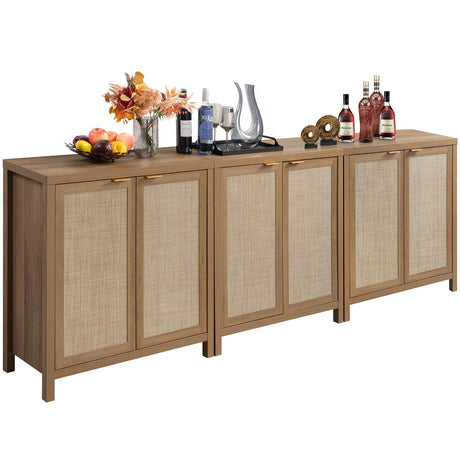 SICOTAS Sideboard Buffet Coffee Bar Cabinet - Boho Rattan Credenza Cabinet with Storage Rattan Decorated Doors - 3 Pieces Farmhouse Kitchen Storage SICOTAS