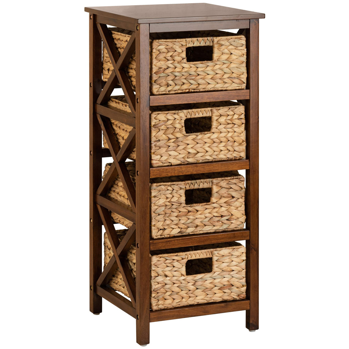 eHemco 4 Tier X-Side End Storage Cabinet with 4 Wicker Baskets, Walnut eHemco