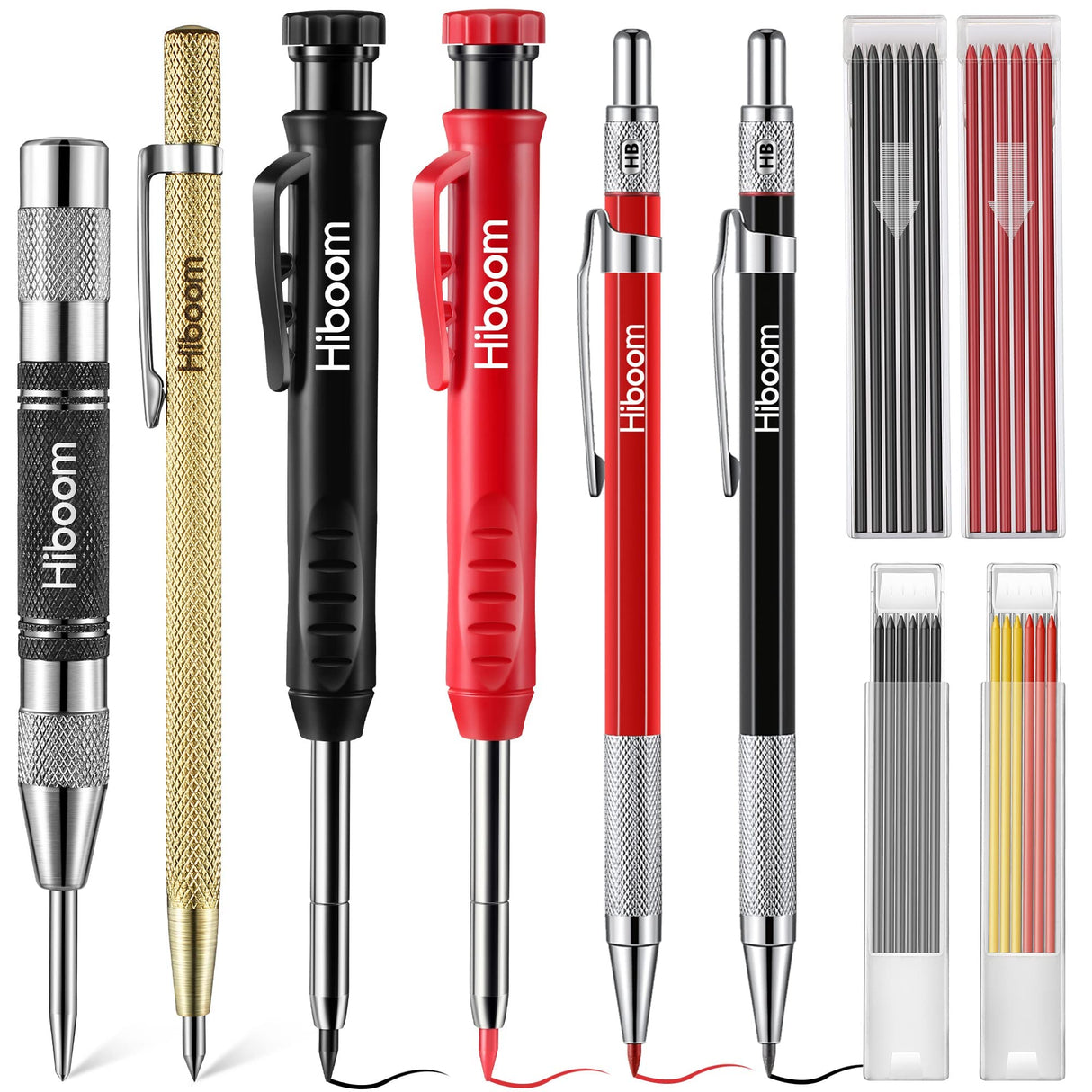 Hiboom 10 Pack Carpenter Pencil Set, 4 Colorful Solid Carpenter Pencils with Sharpener and Refills, Automatic Center Punch, Carbide Scribe Tool Kit Hiboom