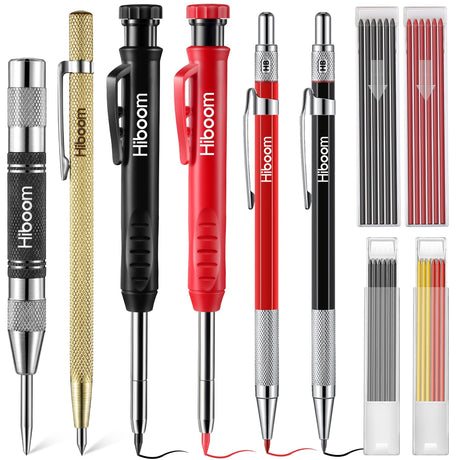 Hiboom 10 Pack Carpenter Pencil Set, 4 Colorful Solid Carpenter Pencils with Sharpener and Refills, Automatic Center Punch, Carbide Scribe Tool Kit Hiboom