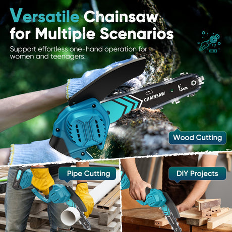 Mini Chainsaw, 6-Inch Chain saw with 2 Pack 2000mAh Batteries, Portable Handheld Chainsaw, Mini Chainsaw Cordless for Wood Cutting Tree Trimming DIY HOPTO