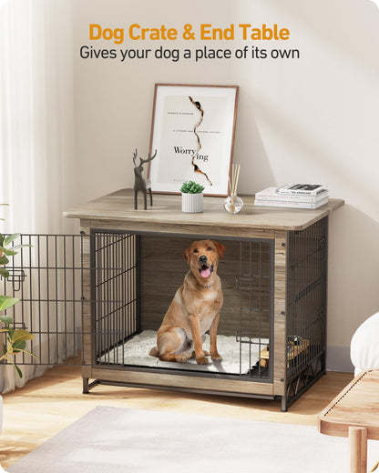 Extra Large Dog Crate Furniture 42", Modern Wooden Dog Kennel with Double Doors Side End Table, Heavy-Duty Dog Cage with Removable Tray, Indoor