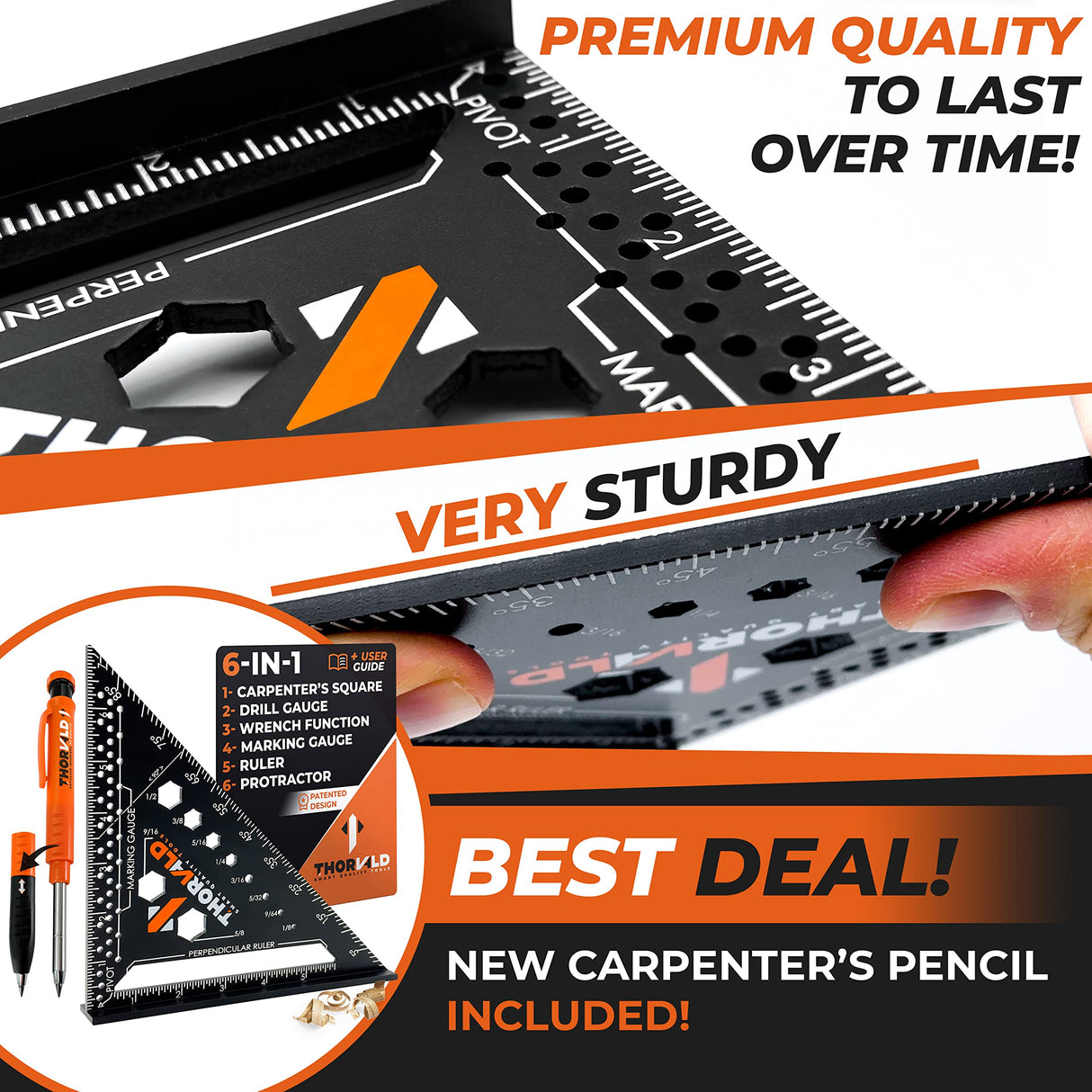 THORVALD 6-in-1 Carpenter Square - 180mm T Square Multi-Purpose Carpenter Tools with Wrench, Square, Protractor, Ruler, Graduated Marking Gauge, THORVALD