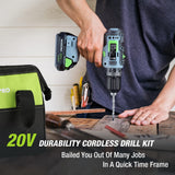 WORKPRO 20V Cordless Drill Driver Kit, 3/8'' Keyless Chuck, 2.0 Ah Li-ion Battery, 1 Hour Fast Charger and 11-inch Green Storage Bag Included WORKPRO