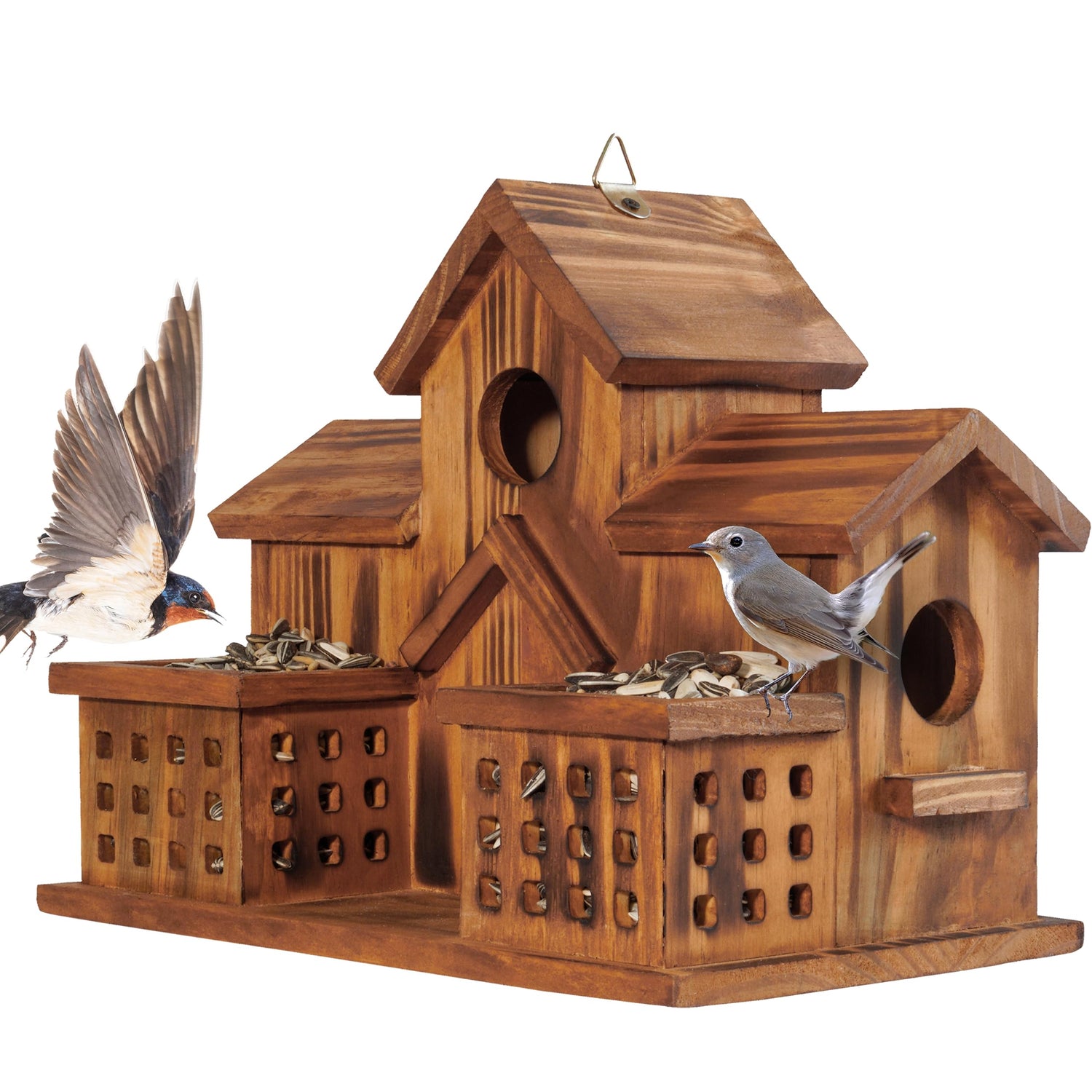 MIXUMON Bird Houses for Outside with Bird Feeder, Outdoor 3 Hole Bird House Room for 3 Bird Families Bluebird Finch Cardinals Hanging Birdhouse for MIXUMON