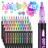 Double Line Outline Markers, 48Colors Super Squiggles Shimmer Outline Marker Pen Set, Self Outline Metallic Markers Glitter Writing Drawing Pens for Hoxida