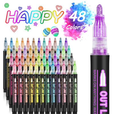 Double Line Outline Markers, 48Colors Super Squiggles Shimmer Outline Marker Pen Set, Self Outline Metallic Markers Glitter Writing Drawing Pens for