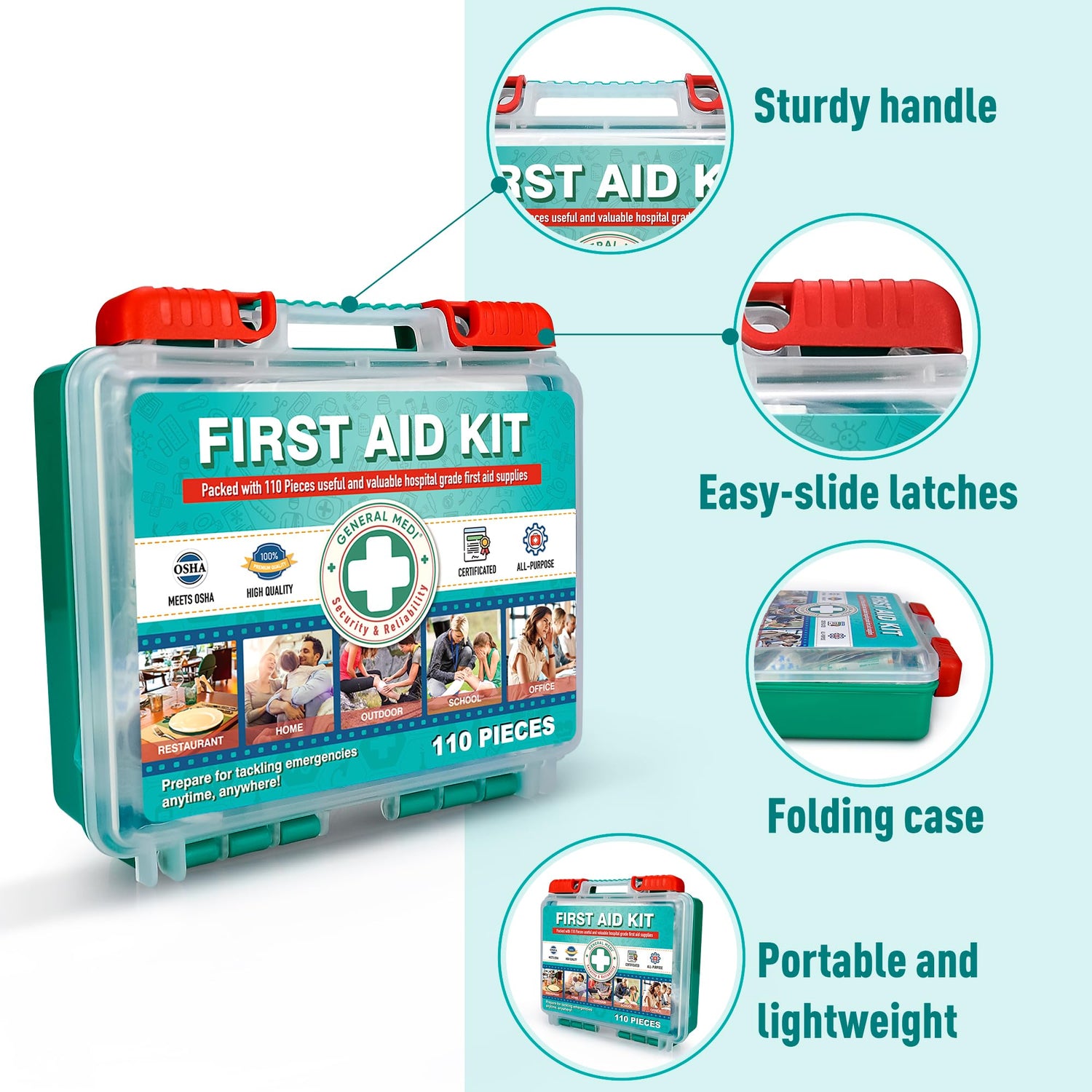 General Medi 110 Pieces Small First Aid Kit - HardCase First Aid Box - Contains Premium Medical Supplies for Travel, Home, Office, Vehicle, Camping, General Medi