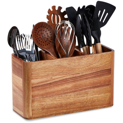 LOHONER Wooden Utensil Holder for Kitchen Counter, Large Acacia Utensil Holder for Countertop with 3 Compartment, Cooking Utensil Organizer, - WoodArtSupply