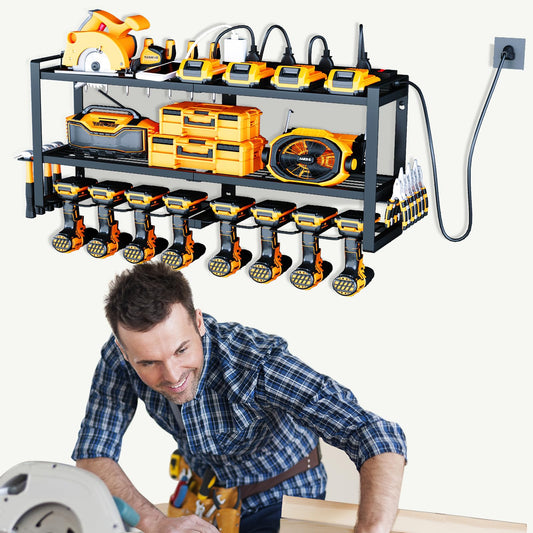 SOYEEZE Power Tool Organizer with Charging Station- Garage 8 Drill Holder Built in 8 Outlet Power Strip (DRILLDOCK PRO) - WoodArtSupply