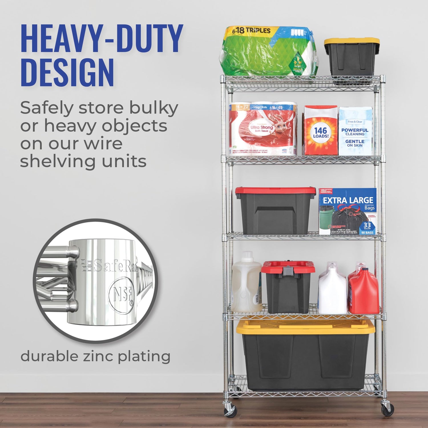 Heavy-Duty NSF Certified Storage Shelves with Wheels - SafeRacks Adjustable Steel Wire Shelving Unit SafeRacks
