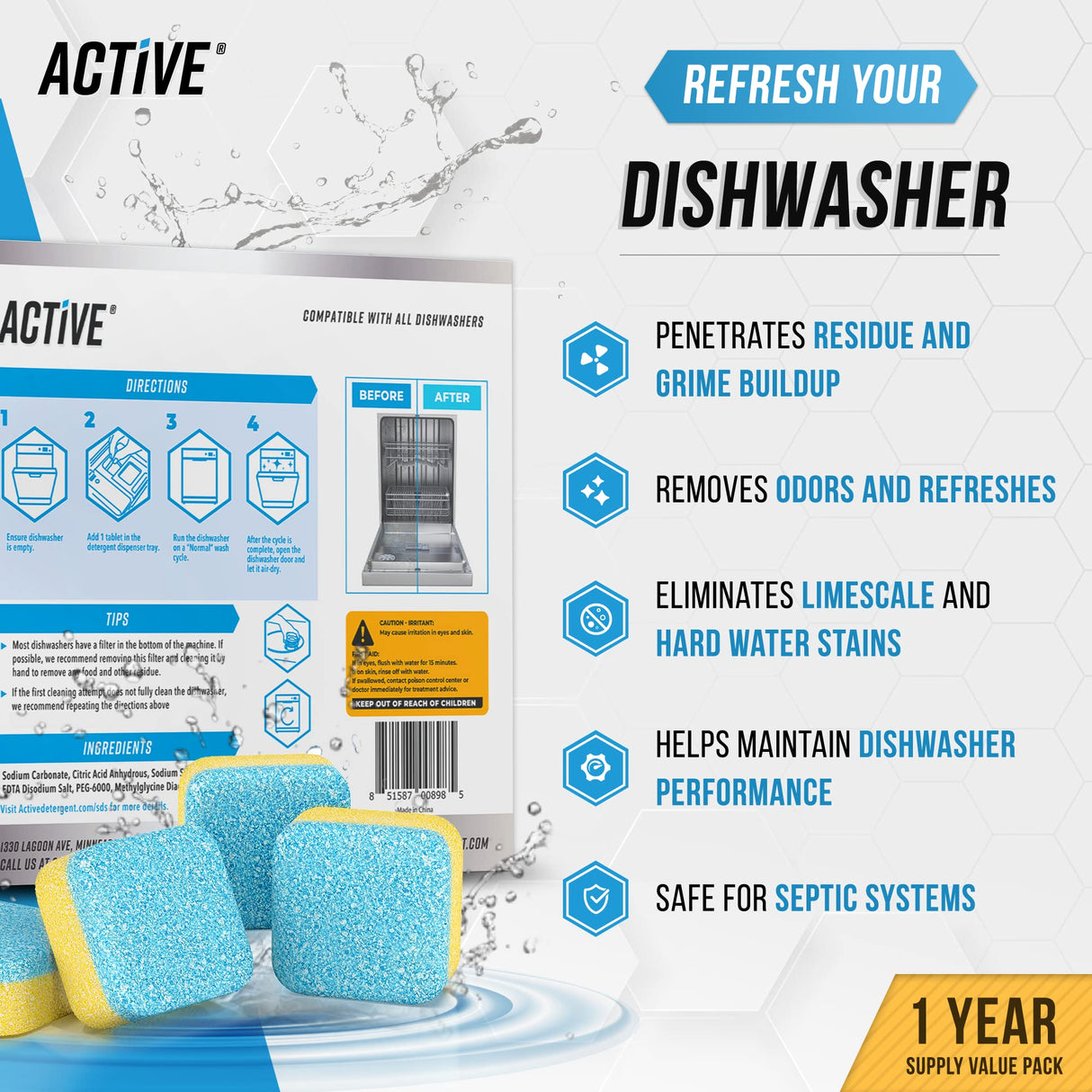 Dishwasher Cleaner And Deodorizer Tablets - 24 Pack Deep Cleaning Descaler Pods for Dish Washer Machine, Heavy Duty, Septic Safe, Natural Limescale ACTIVE