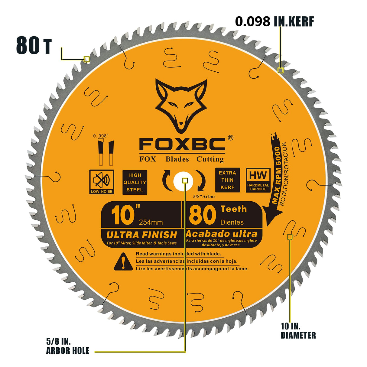 FOXBC 10-Inch Table Saw Blade, 80-Tooth, Ultra Finish Wood Cutting, 5/8-Inch Arbor FOXBC
