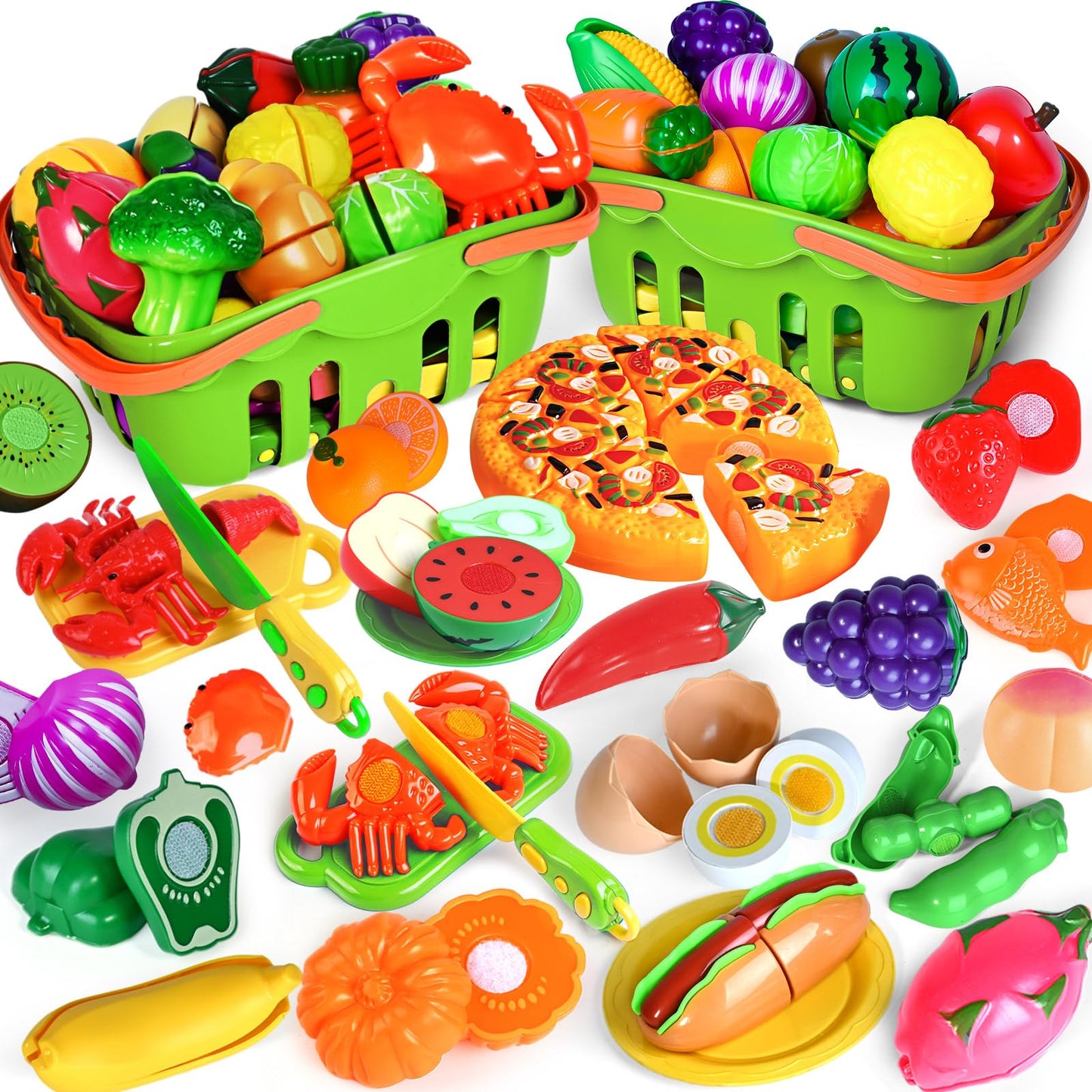 100 PCS Play Food Toy for Kids Toddler Toys, Pretend Food Toys for Toddlers, Play Kitchen Accessories with 2 Baskets, Cutting Food Toys, Christmas