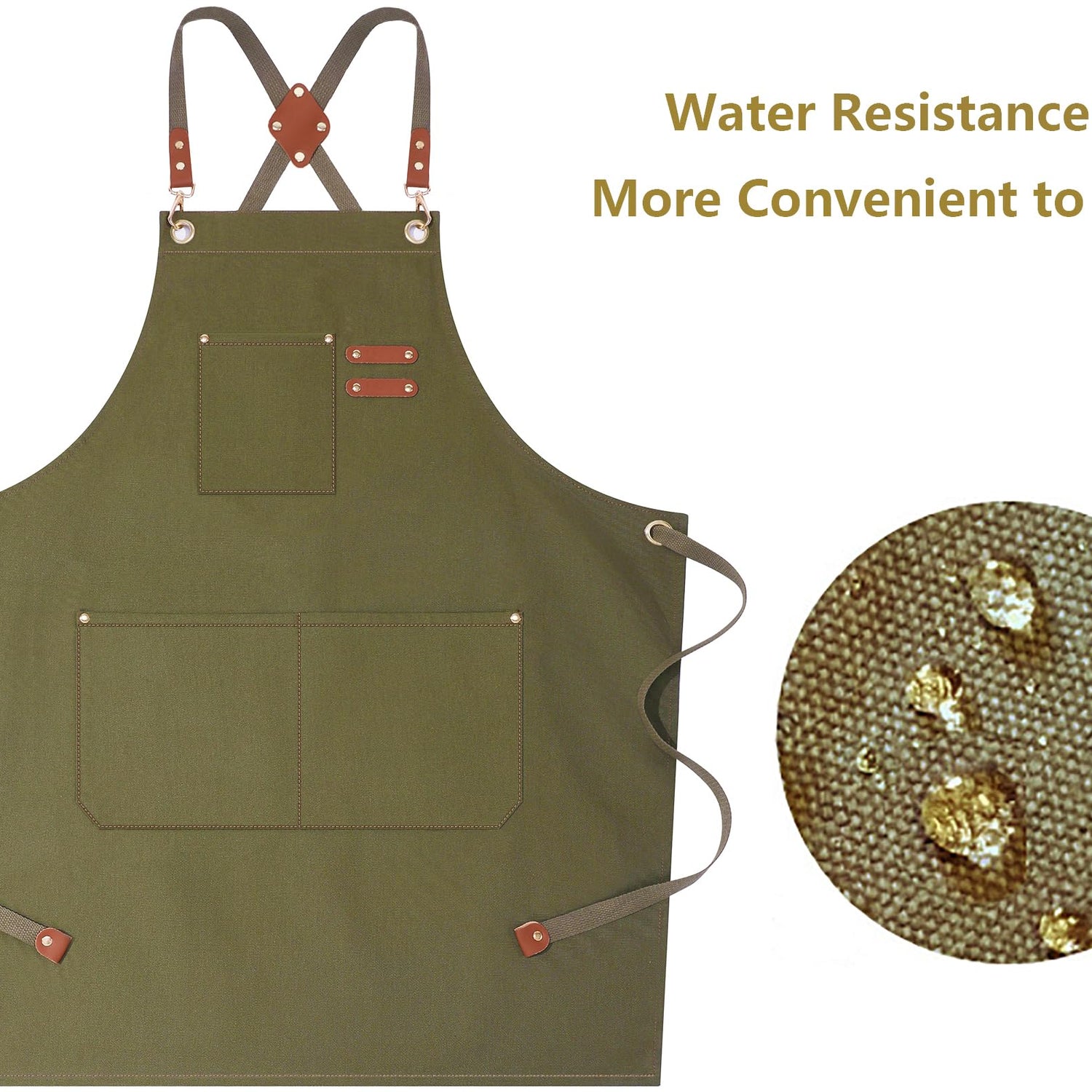 AFUN Chef Aprons for Women Men with Large Pockets, Cotton Canvas Cross Back Water Repellent Work Apron, Size M to XXL (Greygreen) AFUN