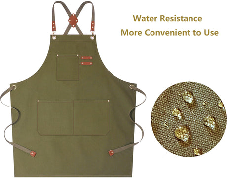 AFUN Chef Aprons for Women Men with Large Pockets, Cotton Canvas Cross Back Water Repellent Work Apron, Size M to XXL (Greygreen) AFUN