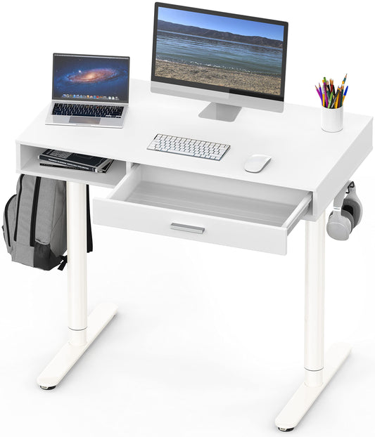 SHW Claire 40-Inch Height Adjustable Electric Standing Desk with Drawer, White - WoodArtSupply