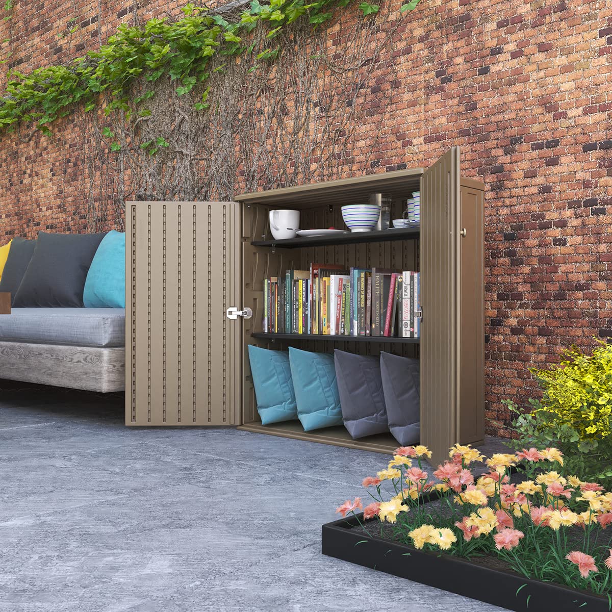 Mrosaa Outdoor Storage Cabinet Waterproof with 1 Shelf, Resin Outdoor Storage Box for Patio/Garden/Backyard/Home, Size 34.3''L*15''W*36.2''H(Brown) Mrosaa