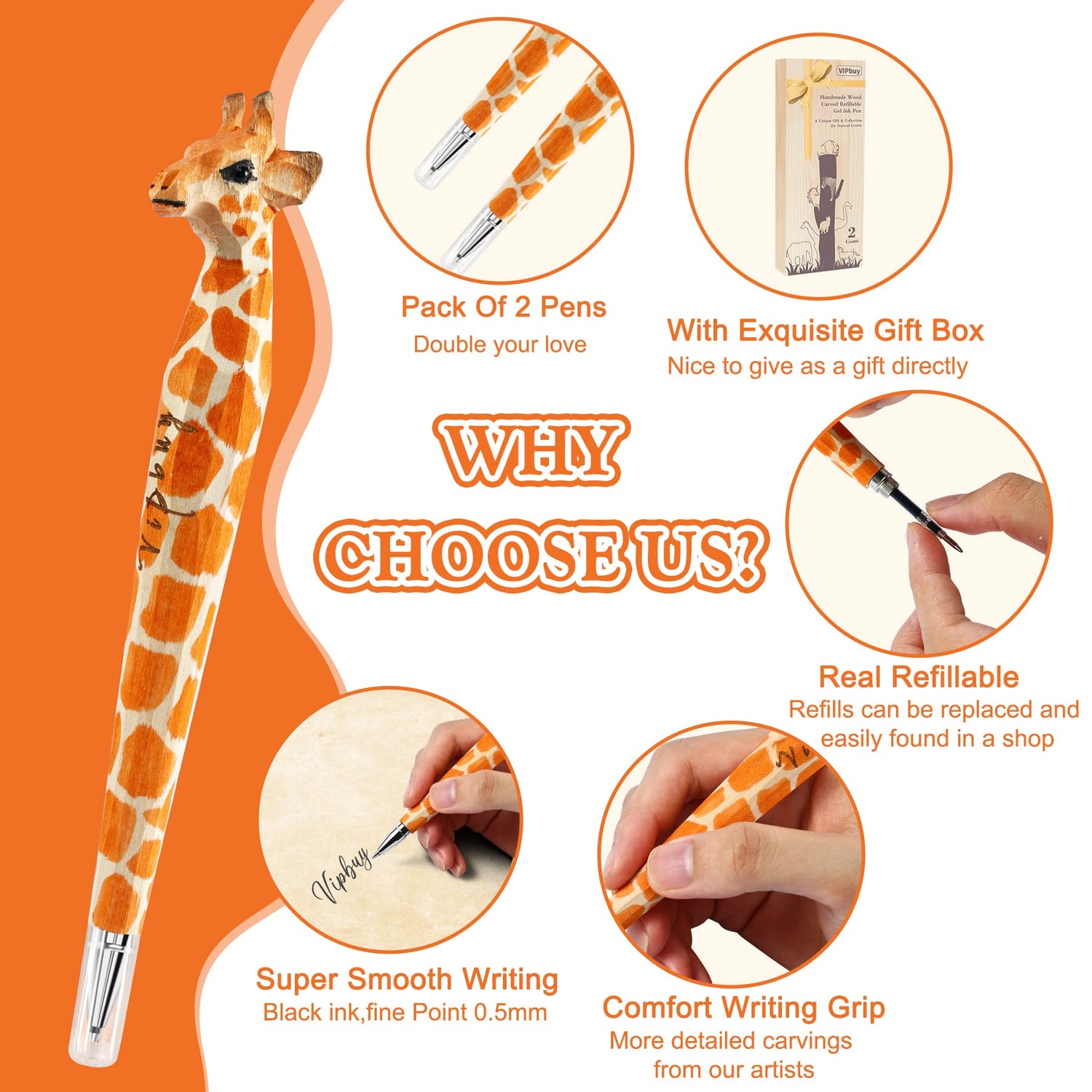 VIPbuy 2 Count 100% Handmade Wood Carved Gel Ink Pens -Novelty Refillable Writing Pens Office School Supplies Birthday Christmas Gift, Giraffe VIPbuy