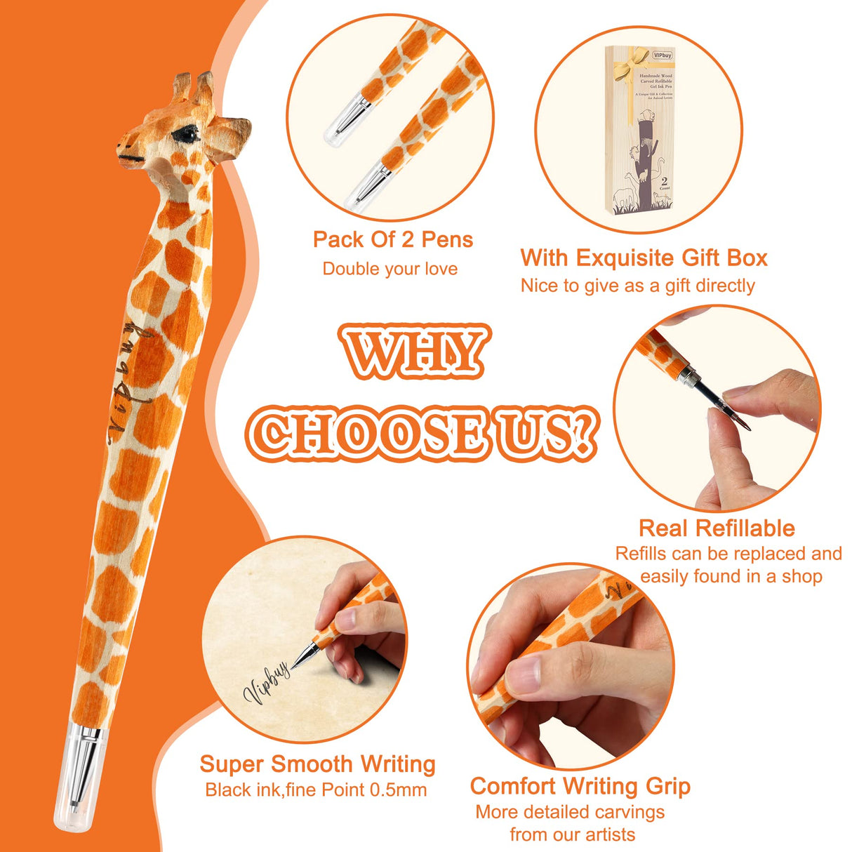 VIPbuy 2 Count 100% Handmade Wood Carved Gel Ink Pens -Novelty Refillable Writing Pens Office School Supplies Birthday Christmas Gift, Giraffe VIPbuy