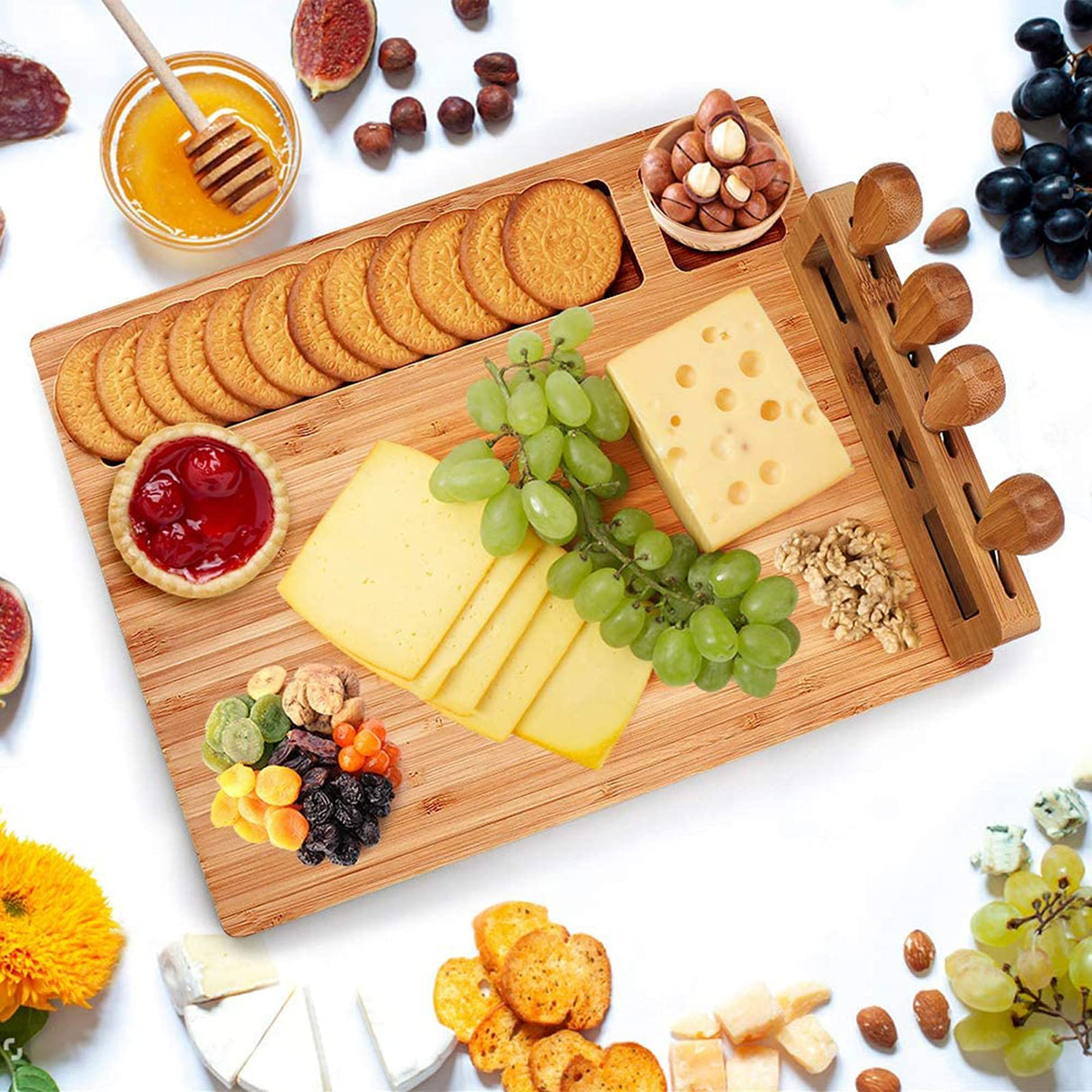 Bamboo Cheese Board Set, Cheese Tray, Charcuterie Board and Serving Meat Platter with 4 Stainless Steel Cheese Knives, Ideal for Wedding Gifts Widousy