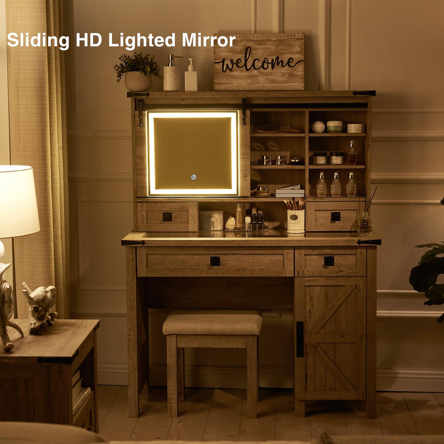 T4TREAM Farmhouse Makeup Vanity Desk with Sliding Mirror and Lights, 42'' Glass Tabletop Vanity Table with 2 Drawers & Shelves, Rustic Big Vanity Set T4TREAM