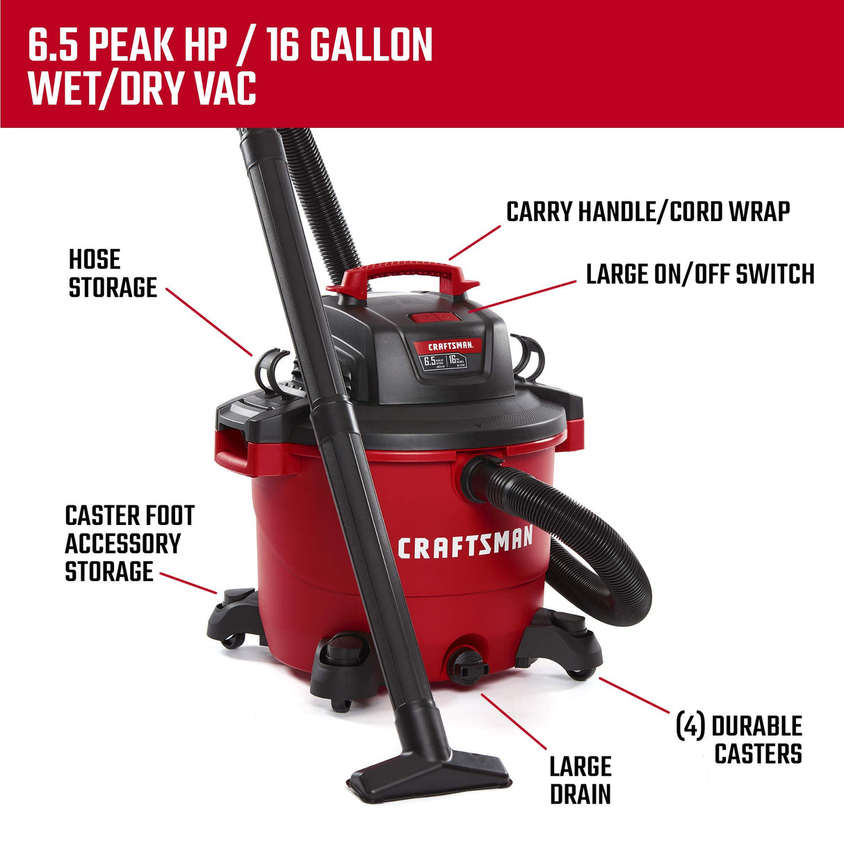 CRAFTSMAN CMXEVBE17595 16 Gallon 6.5 Peak HP Wet/Dry Vac, Heavy-Duty Shop Vacuum with Attachments Craftsman