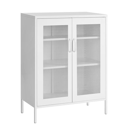 SONGMICS Metal Storage Cabinet with Mesh Doors, Steel Display Cabinets with Adjustable Shelves for Bathroom Home Office, Matte White UOMC002W02