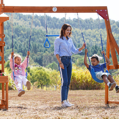 Wooden Swing Sets for Backyard with Outdoor Table, Outdoor Playset for Kids 3-10 with Monkey Bar, 8FT Wave Slide, Playhouse, and 2 Belt Swings, - WoodArtSupply