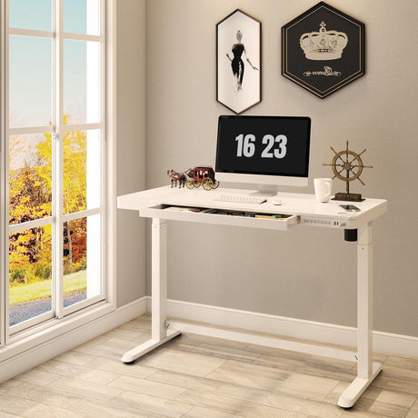 SANODESK Standing Desk with Drawer, Electric Height Adjustable Home Office Desk with Storage & USB Ports, 48 inch White Wood Tabletop/White Frame SANODESK