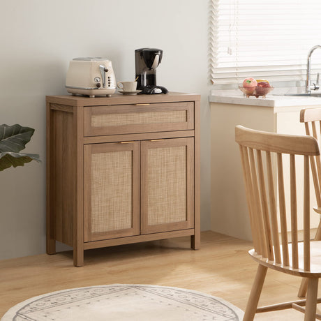 SICOTAS Sideboard Buffet Cabinet Set of 2, Rattan Credenza Storage Cabinet, Boho Buffet Table Console Cabinet with Drawer, Farmhouse Coffee Bar SICOTAS