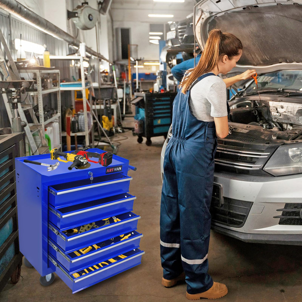 MHEOMTME 5-Drawers Tool Cabinets On Wheels, Rolling Tool Chest with Drawers, Craftsman Tool Box with Keyed Locking System, Tool Storage Organizer for MHEOMTME