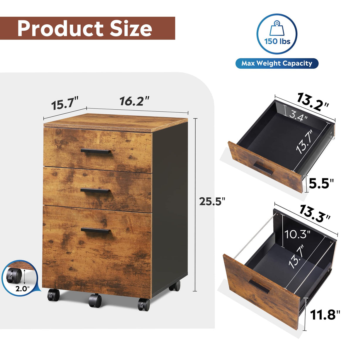 DEVAISE 3 Drawer Wood Mobile File Cabinet, Rolling Filing Cabinet for Letter/A4 Size, Rustic Brown DEVAISE